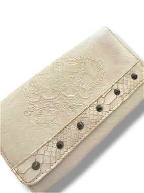 Women's Embossed Cream Wallet with Studded Snake-Trim